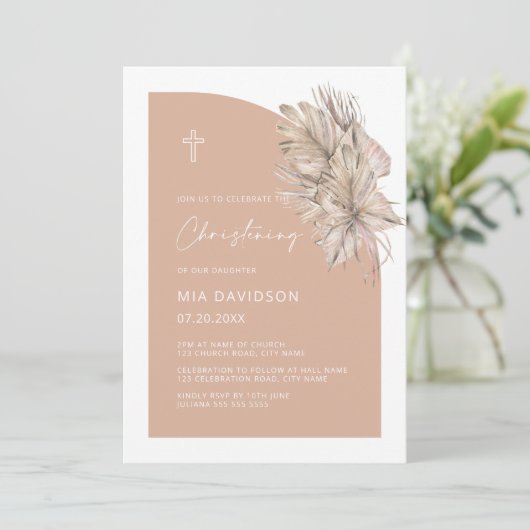  Boho Palm Half Arch Blush Pink Christening Kaart (Staand voorkant)