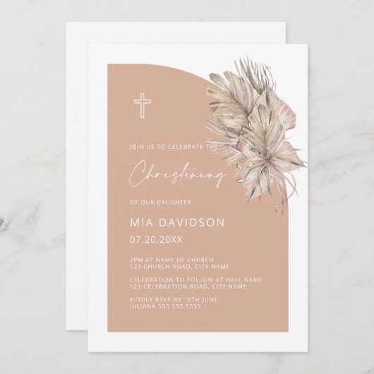  Boho Palm Half Arch Blush Pink Christening Kaart (Voorkant / Achterkant)