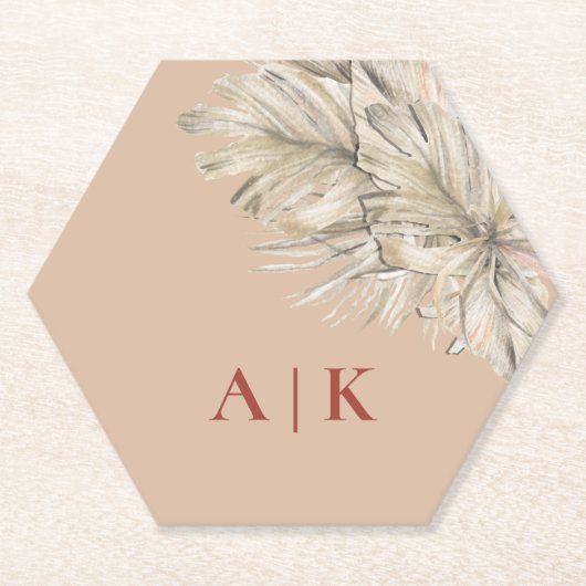 Boho Palm Hexagon Blush Monogrammed Kartonnen Onderzetters (Voorkant)