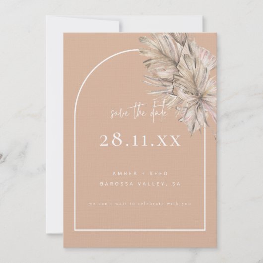 Boho Palm Leaf Bloemen Blush Roze Moderne Boog Save The Date (Voorkant)