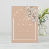 Boho Palm Leaf Bloemen Blush Roze Moderne Boog Save The Date (Staand voorkant)