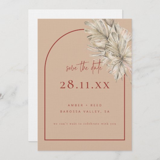 Boho Palm Leaf Floral Terracotta Blush Modern Arch Save The Date (Voorkant / Achterkant)