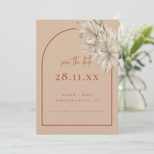 Boho Palm Leaf Floral Terracotta Blush Modern Arch Save The Date (Staand voorkant)