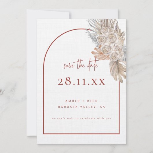 Boho Palm Leaf Floral Terracotta Moderne Boog Save The Date (Voorkant)