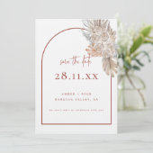 Boho Palm Leaf Floral Terracotta Moderne Boog Save The Date (Staand voorkant)
