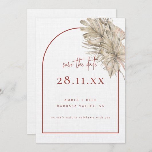 Boho Palm Leaf Floral Terracotta Moderne Boog Save The Date (Voorkant / Achterkant)