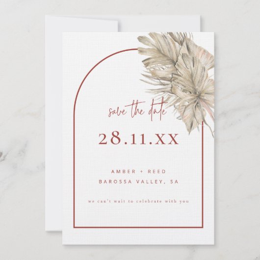 Boho Palm Leaf Floral Terracotta Moderne Boog Save The Date (Voorkant)