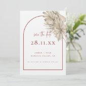 Boho Palm Leaf Floral Terracotta Moderne Boog Save The Date (Staand voorkant)