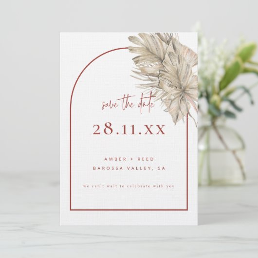 Boho Palm Leaf Floral Terracotta Moderne Boog Save The Date (Staand voorkant)