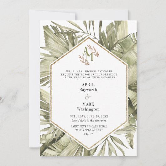 Boho Palm Leaf Greenery Monogram Huwelijk Kaart (Voorkant)