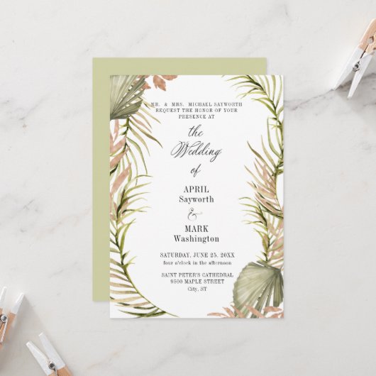 Boho Palm Leaf Greenery Wedding Kaart (Voorkant / Achterkant in situ)