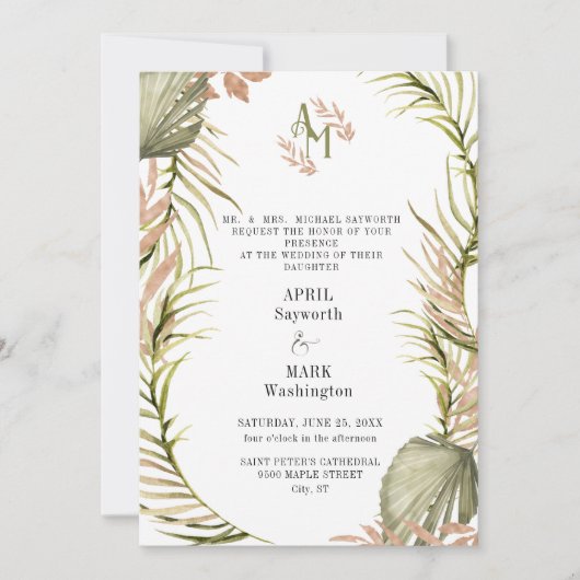 Boho Palm Leaf Greenery Wedding Kaart (Voorkant)