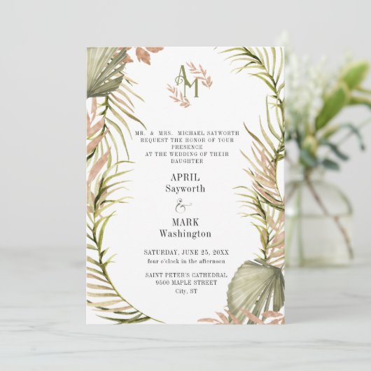 Boho Palm Leaf Greenery Wedding Kaart (Staand voorkant)