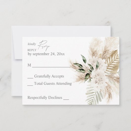 Boho Palm Leaf & Pampas & Beige Bloemen geen Maalt RSVP Kaartje (Voorkant)