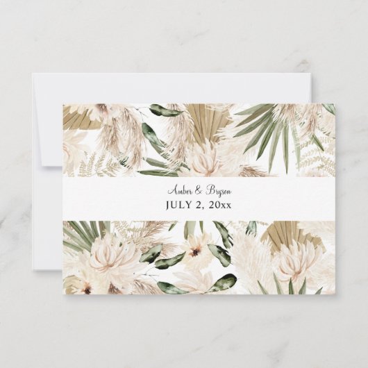 Boho Palm Leaf & Pampas & Beige Bloemen geen Maalt RSVP Kaartje (Achterkant)