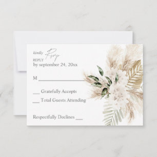 Boho Palm Leaf & Pampas & Beige Bloemen geen Maalt RSVP Kaartje