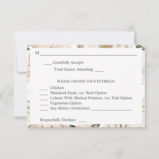 Boho Palm Leaf Pampas & Beige Bloemen met Maaltijd RSVP Kaartje (Achterkant)