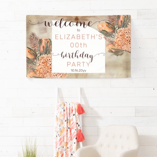 Boho Palm Leaves Hydrangea Birthday Party Welkom Spandoek (Insitu)