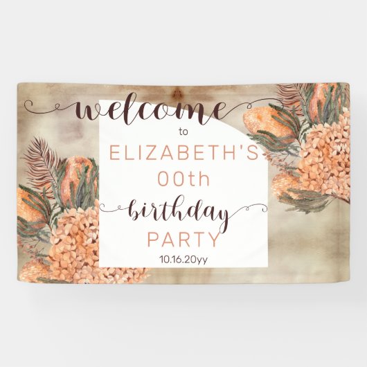 Boho Palm Leaves Hydrangea Birthday Party Welkom Spandoek (Horizontaal)