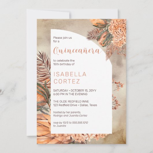 Boho Palm Leaves Hydrangea Blooms 15e Quinceañera Kaart (Voorkant)