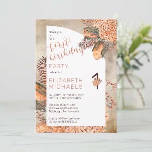 Boho Palm Leaves | Hydrangeas 1st Birthday Kaart (Staand voorkant)