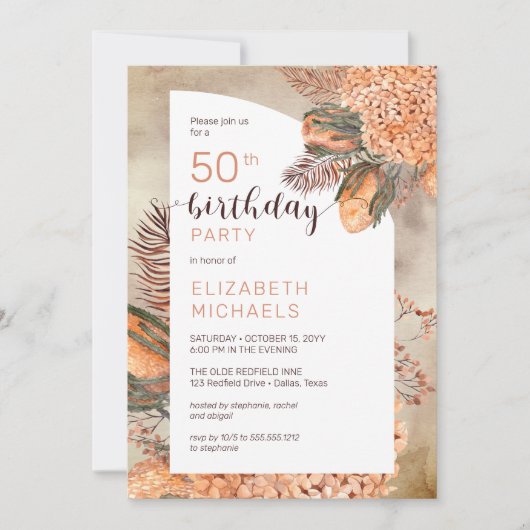 Boho Palm Leaves | Hydrangeas 50th Birthday Party Kaart (Voorkant)