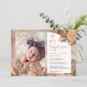 Boho Palm Leaves Hydrangeas Girl Photo Baptisme in Kaart (Staand voorkant)