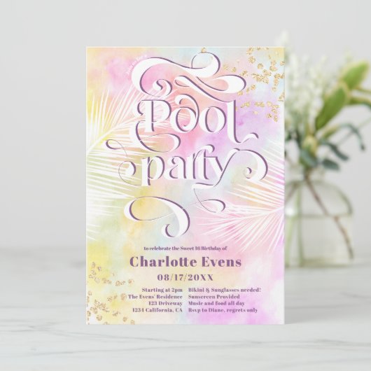 Boho palm leuke poolpartij script zwemt op Sweet 1 Kaart (Staand voorkant)