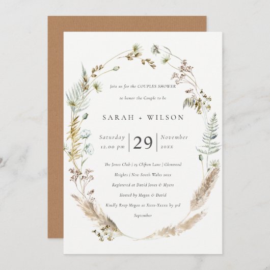Boho Palm Pampas Grass Flora Couples Shower Invite Bedankkaart (Voorkant / Achterkant)
