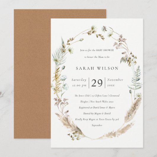 Boho Palm Pampas Grass Floral Baby shower Invite Bedankkaart (Voorkant / Achterkant)