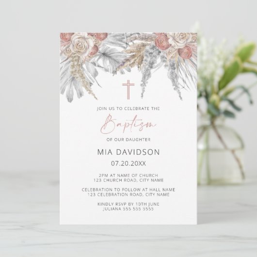 Boho Palm Pink Pampas Grass Floral Baptisme Kaart (Staand voorkant)