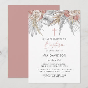 Boho Palm Pink Pampas Grass Floral Baptisme Kaart