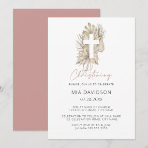 Boho Palm Pink Waterverf Floral Cross Christening Kaart
