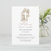 Boho Palm Roze Waterverf Bloemenkruis Christening Kaart (Staand voorkant)