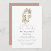 Boho Palm Roze Waterverf Bloemenkruis Christening Kaart (Voorkant / Achterkant)