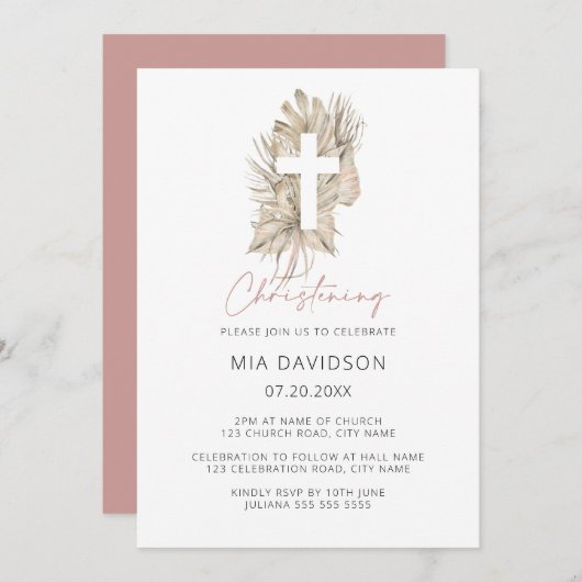 Boho Palm Roze Waterverf Bloemenkruis Christening Kaart (Voorkant / Achterkant)