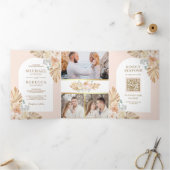 Boho Palm Stof Aardse Bloemige Boog QR Code Trouwe Drieluik Uitnodiging (Binnen)