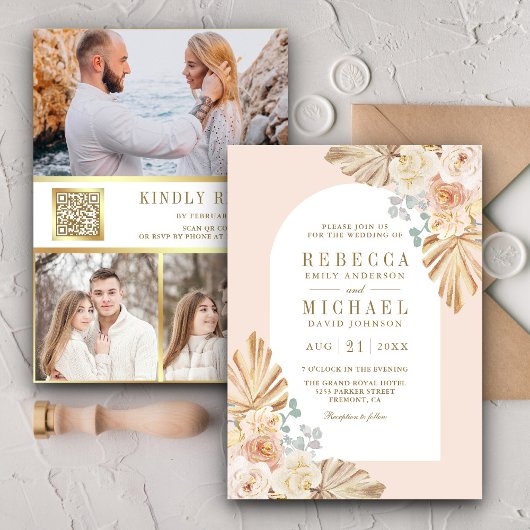 Boho Palm Stof Aardse Bloemige Boog QR Code Trouwe Kaart