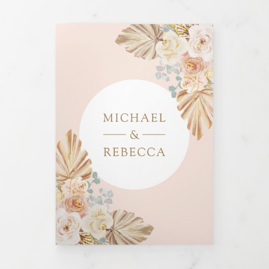 Boho Palm Stof Aardse Bloemrijke Boog QR Code Trou Drieluik Uitnodiging (Cover)