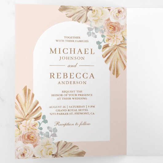 Boho Palm Stof Aardse Bloemrijke Boog QR Code Trou Drieluik Uitnodiging (Binnenzijde eerst)