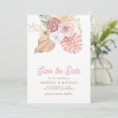 Boho Palm Stof Roze Rozen Bruiloft Save The Date (Staand voorkant)