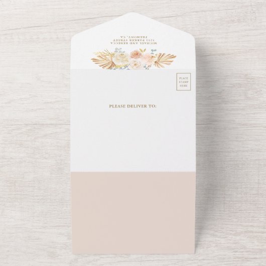 Boho Palm stoffige aardachtige bloemen QR code bru All In One Uitnodiging (Buitenkant)