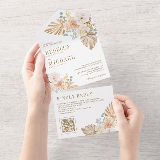 Boho Palm stoffige aardachtige bloemen QR code bru All In One Uitnodiging (Afscheurbaar)