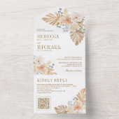 Boho Palm stoffige aardachtige bloemen QR code bru All In One Uitnodiging (Binnen)