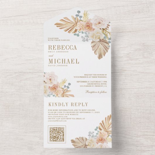 Boho Palm stoffige aardachtige bloemen QR code bru All In One Uitnodiging (Binnen)