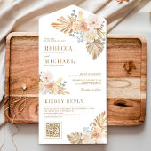 Boho Palm stoffige aardachtige bloemen QR code bru All In One Uitnodiging