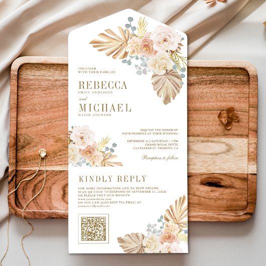 Boho Palm stoffige aardachtige bloemen QR code bru All In One Uitnodiging