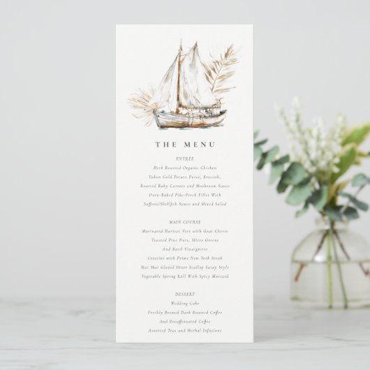 Boho Palm Zeilboot Zeegezicht Bruiloft Menu Kaart (Staand voorkant)
