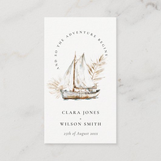 Boho Palm zeilboot Zeegezicht Bruiloft Website Informatiekaartje (Voorkant)