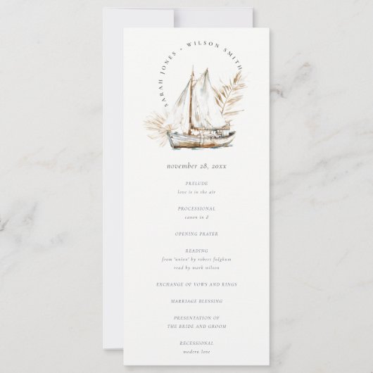 Boho Palm zeilboot Zeegezicht Trouwprogramma Kaart (Voorkant)